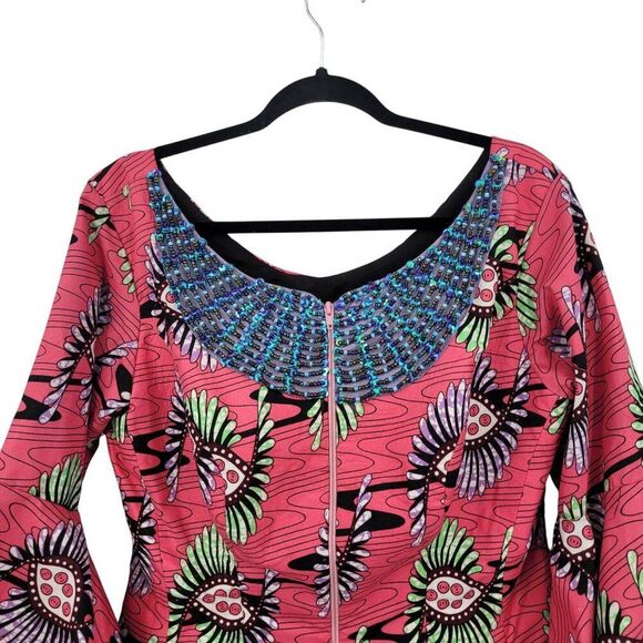 Handmade African Print Bell Sleeve Top Blazer Sz M Beaded Colorful Flattering - Picture 4 of 10